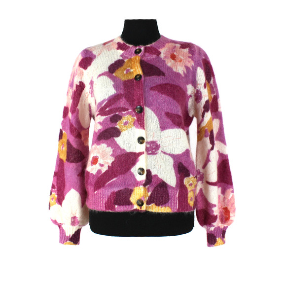 Sezane Aelie Floral Sweater Cardigan Pink Purple Wool Mohair Button Down Size XS - Picture 1 of 7
